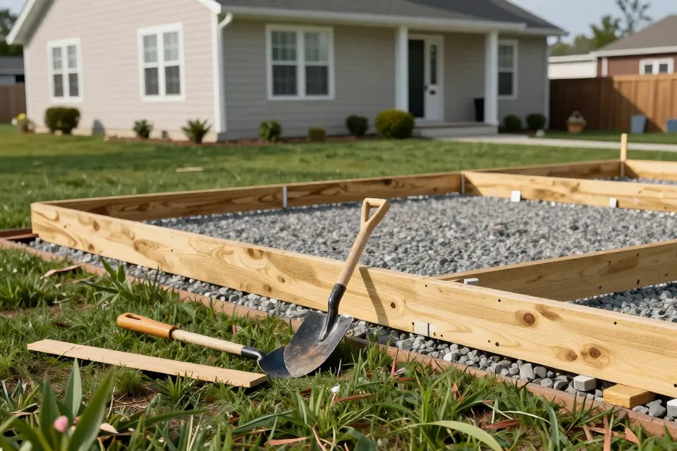What is the main material used to pour a home patio slab?