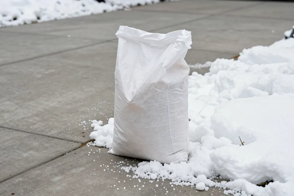 Rock salt can damage concrete mainly because it does what?